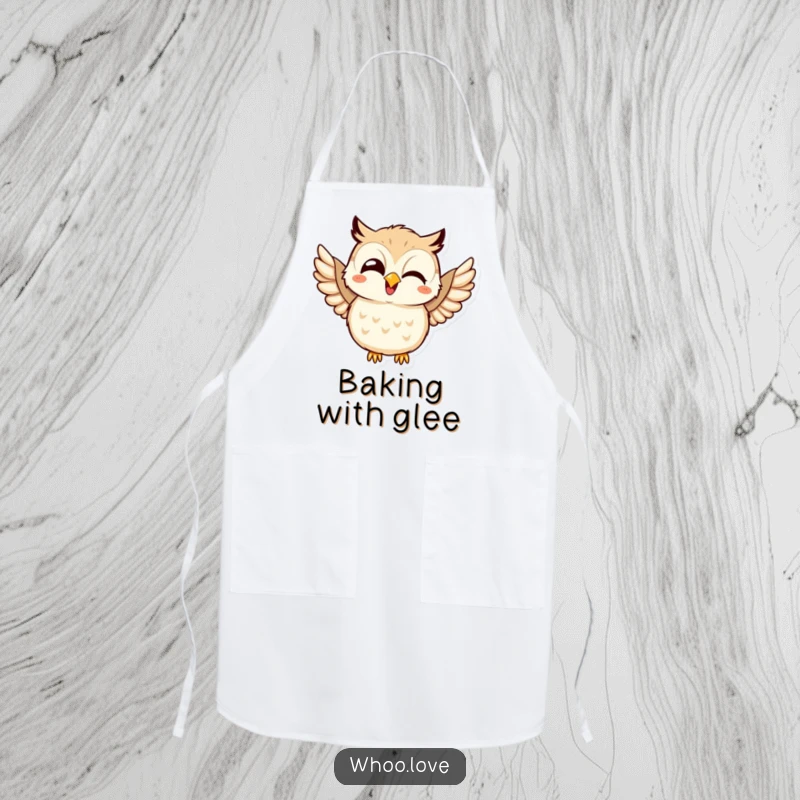 Funny apron with a kawaii owl giggling and joyfully flapping its wings, perfect for a cook who loves to spread cheer.