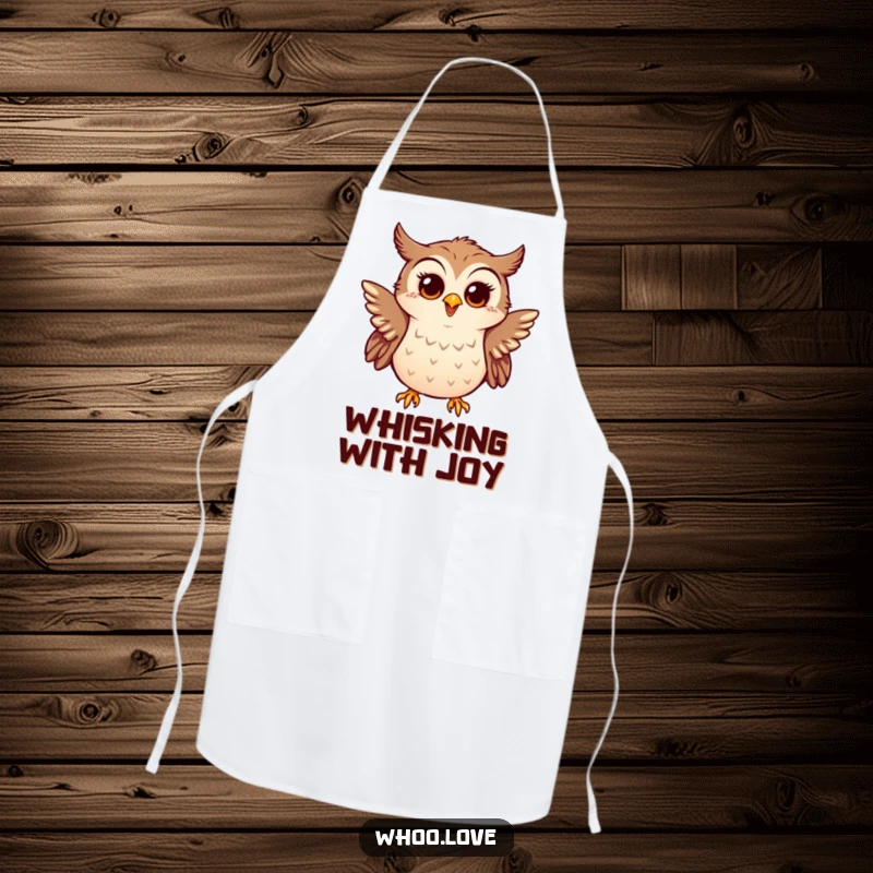 Funny apron with a little owl enthusiastically flapping tiny wings, looking surprised and happy, for a joyful kitchen.