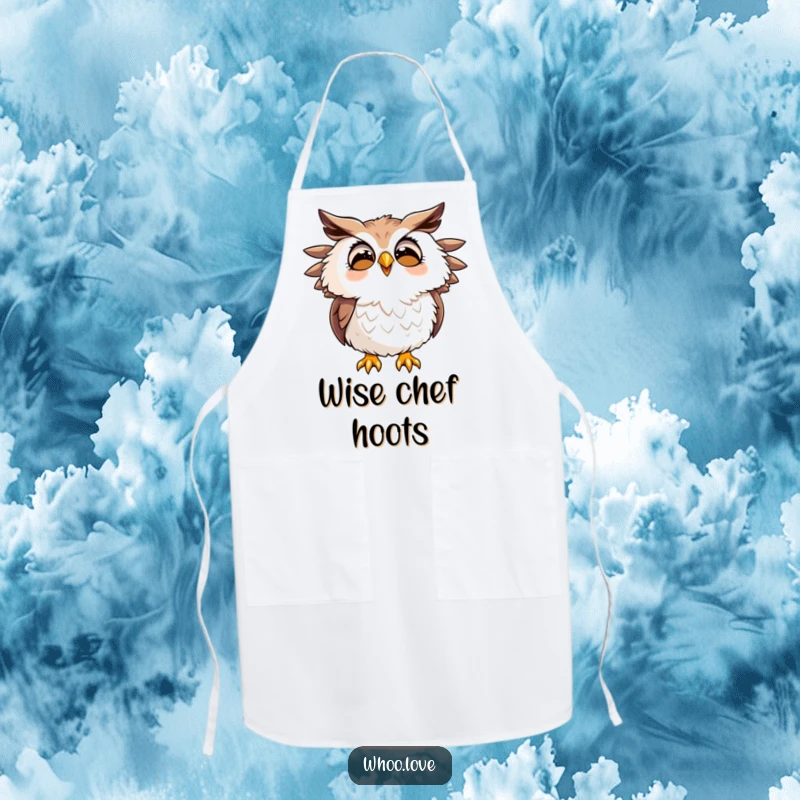 Funny kitchen apron featuring a joyfully hooting owl with ruffled feathers, perfect for adding fun to cooking.