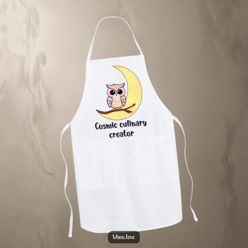 Funny moon owl apron featuring an owl perched on a crescent moon. A whimsical and humorous kitchen accessory.