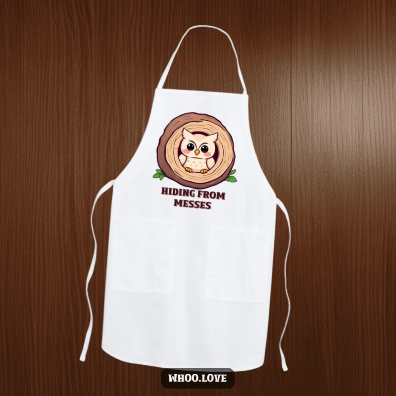 Funny Kawaii owl apron, peeking shyly from a log, making kitchen time sweetly funny. Great gift.