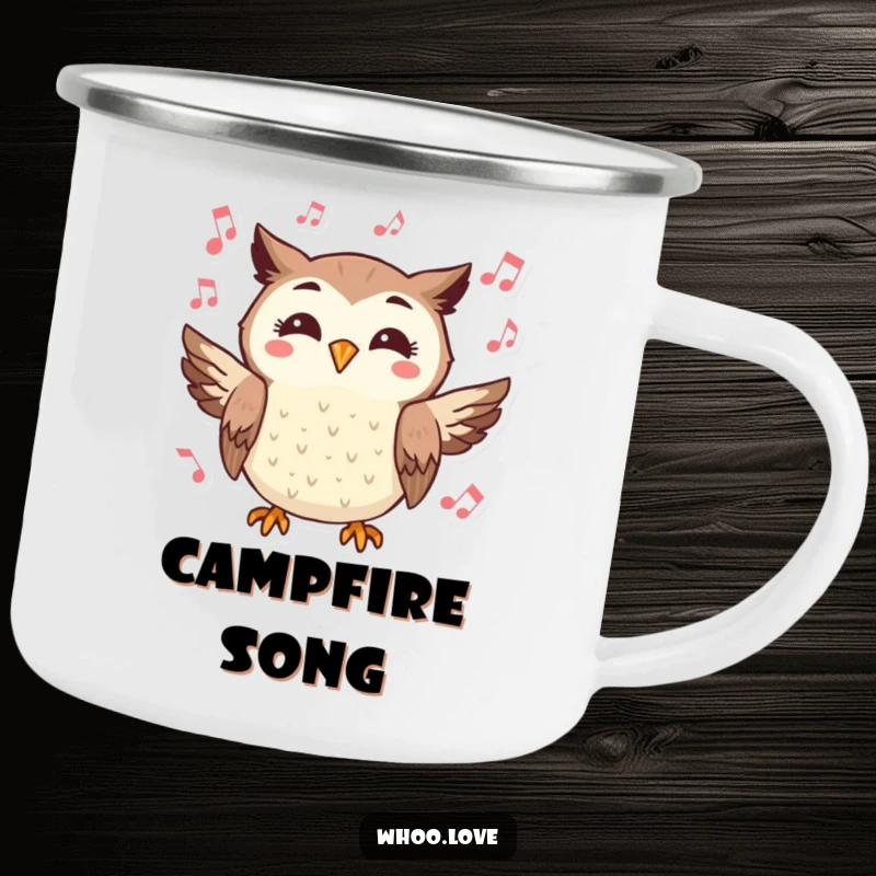 Funny camping mug featuring a cheerful owl character hooting joyfully, surrounded by musical notes, for outdoor enjoyment.