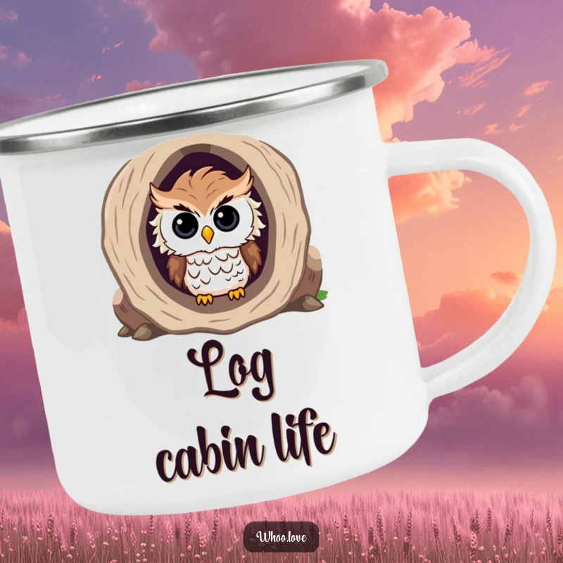 Funny enamel camping mug with a curious owl with ruffled feathers peeking out from a hollow log.