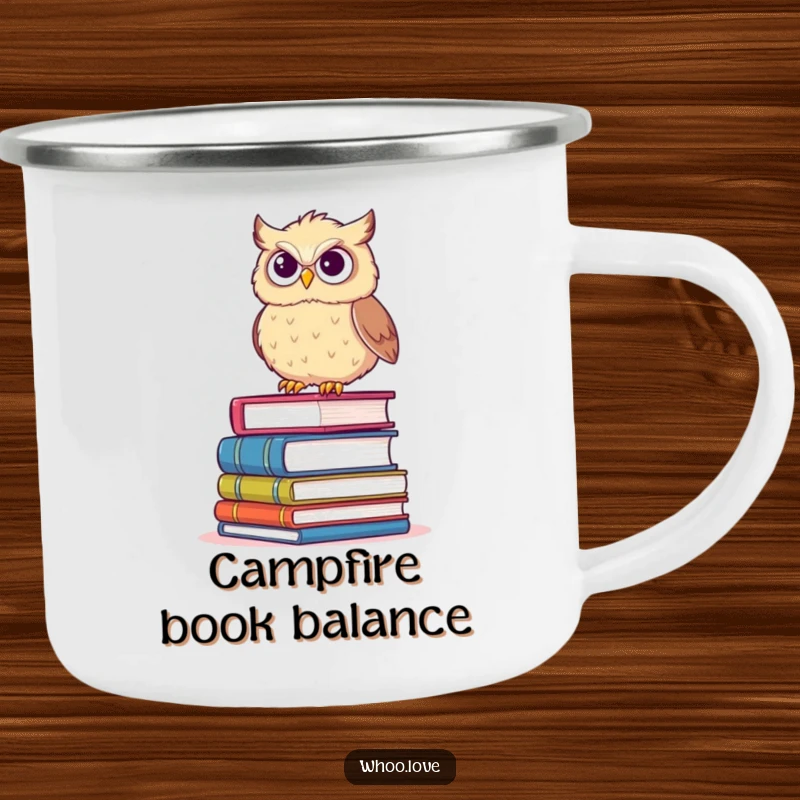 Funny camping mug with a fluffy owl precariously balancing on books with a determined grin, for outdoor study.