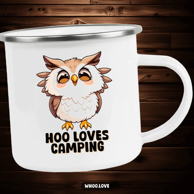 Funny camping mug with a joyfully hooting owl, ruffled feathers, ready for happy sips in the wild.