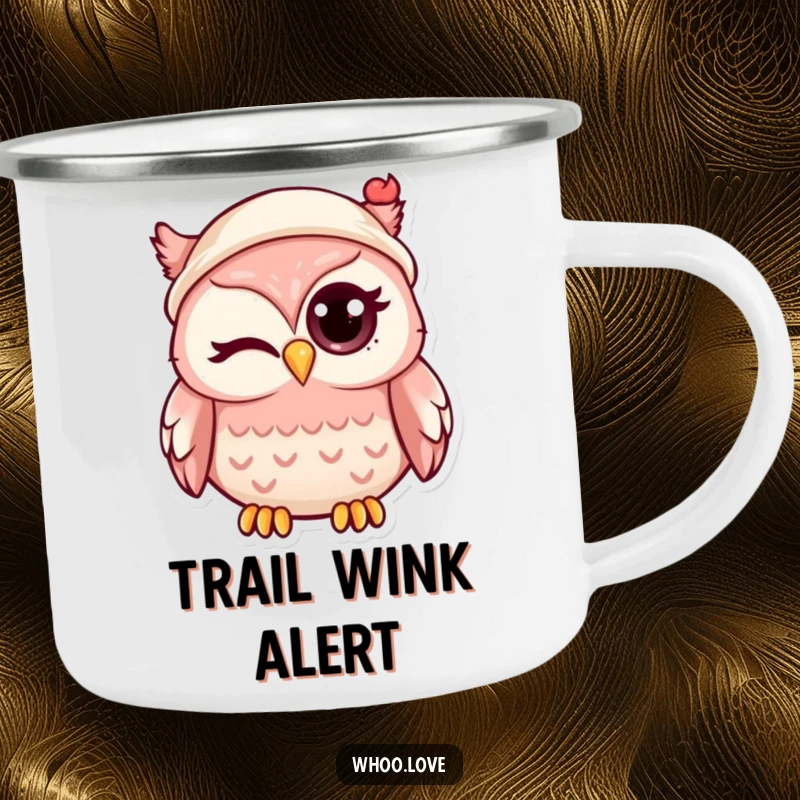 Funny kawaii owl winking with one eye, wearing a tiny hat, on a rugged enamel camping mug for outdoor excursions.