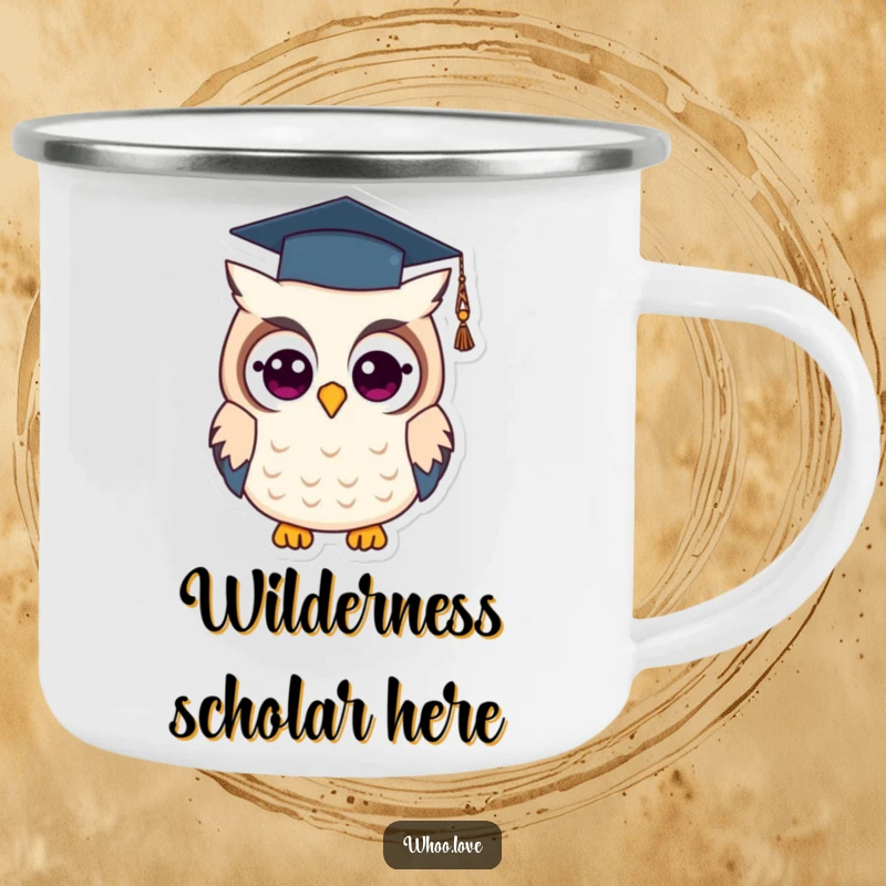 Funny graduation owl camping mug with a wise owl wearing a graduation cap, durable for outdoor use and bringing humorous graduation vibes.