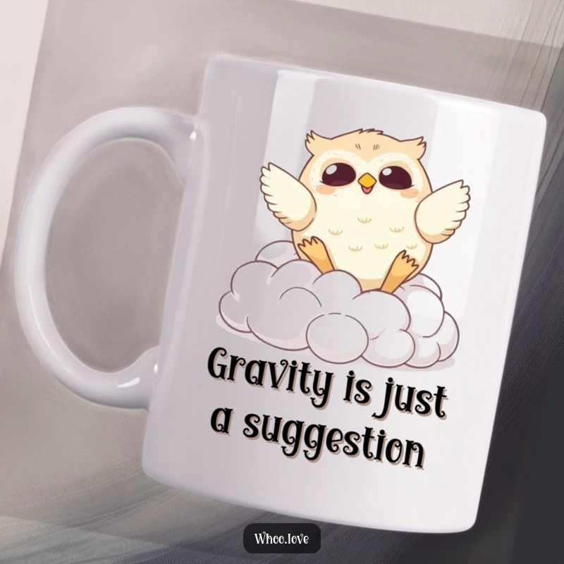 Funny mug showcasing a chubby owl comically tumbling down a soft, fluffy cloud pile, expressing delightful clumsiness and joy.