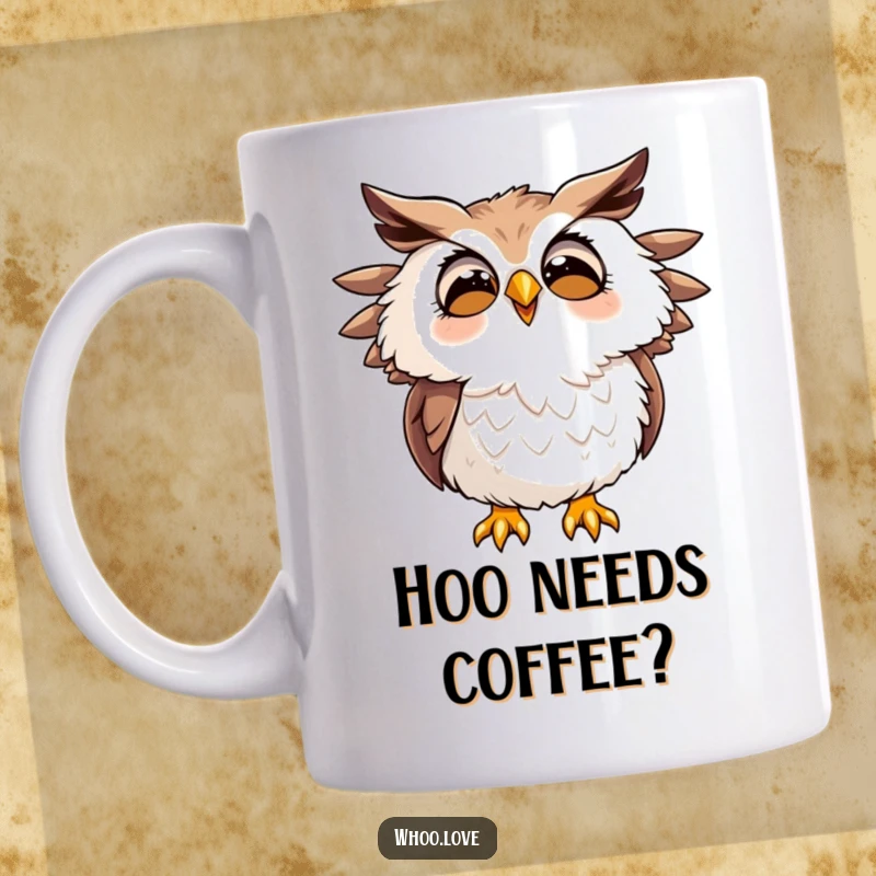 Funny mug featuring a cartoon owl character hooting with joy, feathers slightly ruffled, depicting playful happiness and nature.