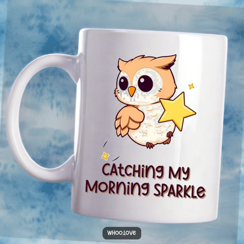 Funny mug depicting a playful owl enthusiastically chasing a sparkling, whimsical little star across a night sky.