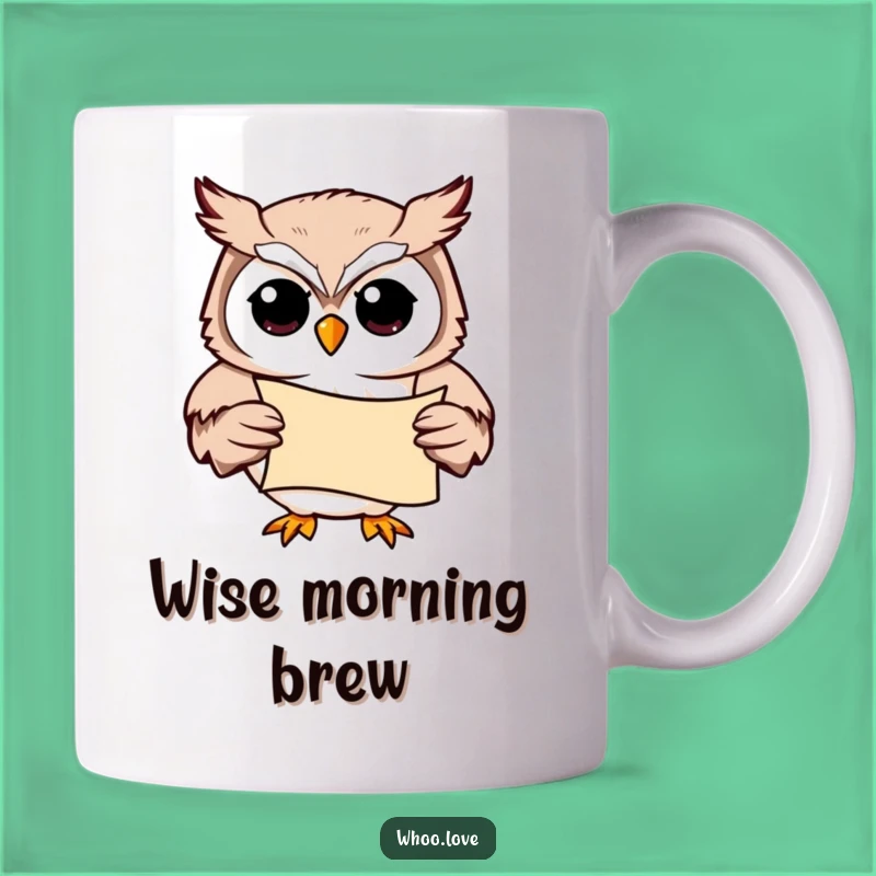 Funny Studious Owl Mug: Wise Bird with Scroll, Perfect Gift for Book Lovers
