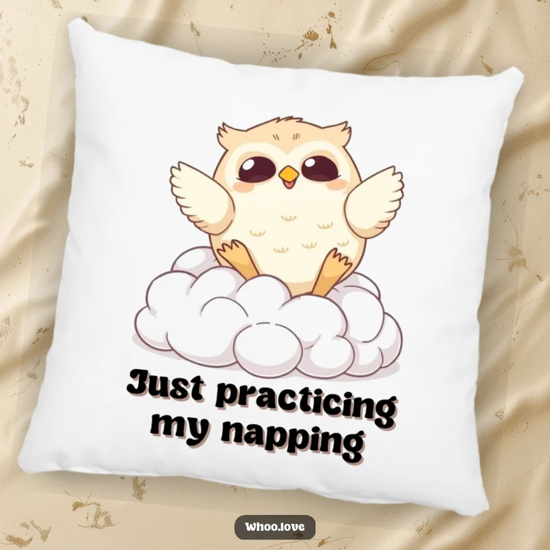 Funny pillow with a chubby owl comically tumbling down soft clouds, offering comfort and a comical visual for any living space.