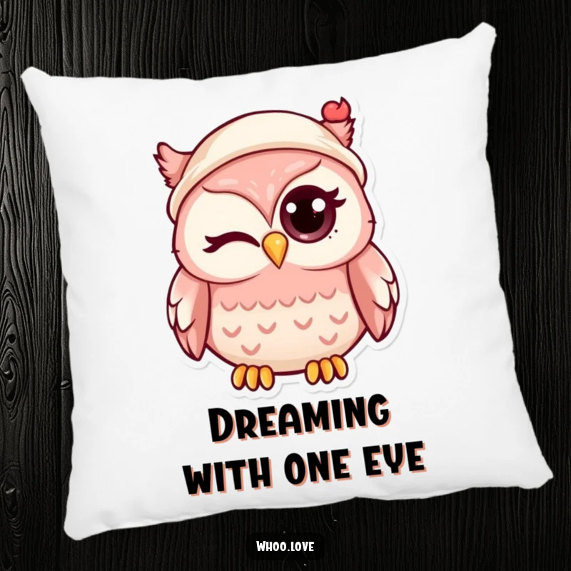 Funny kawaii owl winking with one large eye, wearing a tiny hat, designed on a soft and plush decorative pillow.