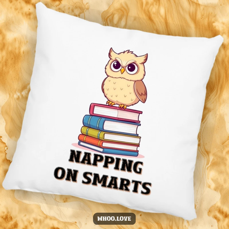 Funny pillow with a fluffy owl precariously balancing on books with a determined grin, offering comfort and smarts.