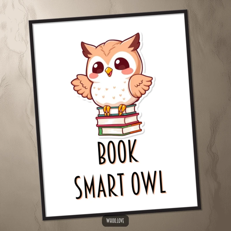 Funny kawaii owl in a dynamic pose, attempting to balance a huge stack of books, as a downloadable digital art print.