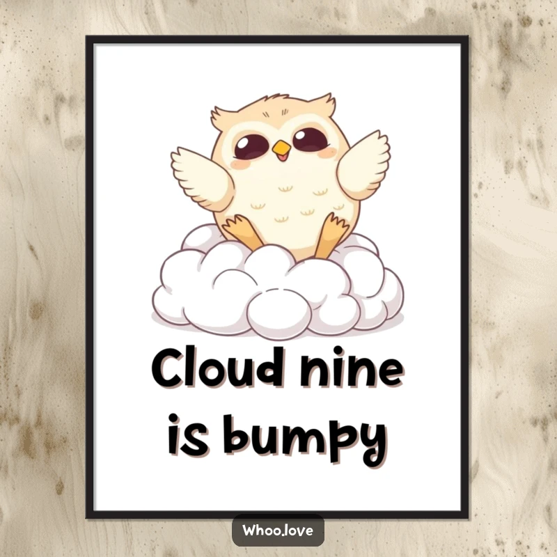 Funny digital art print of a chubby owl comically tumbling down soft clouds, offering a printable dose of humor and whimsical charm.