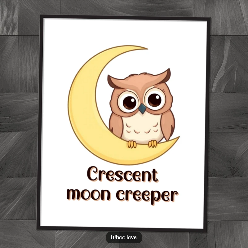 Funny digital art print of a comical owl, big googly eyes, peeking from behind a giant crescent moon, for decor.
