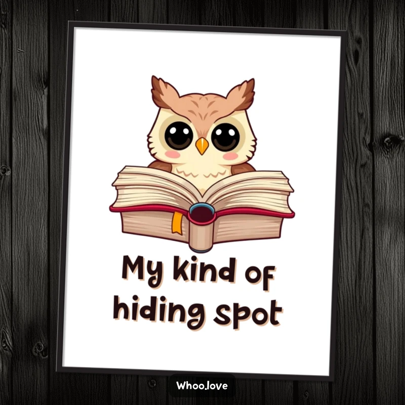 Funny digital art print of an owl peeking from a large book, ideal for instant decor.