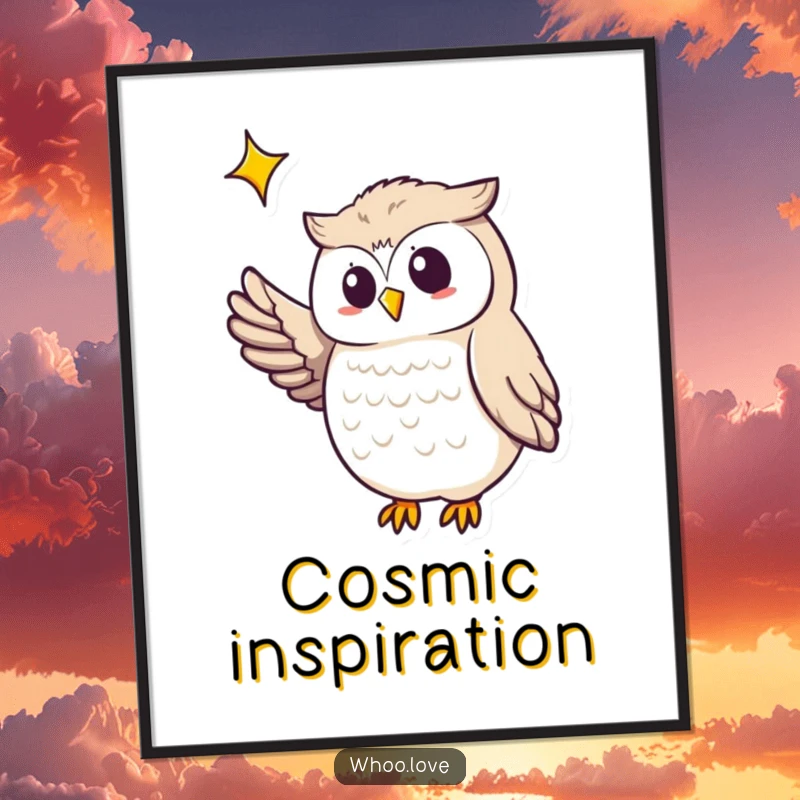 Funny owl digital art print of an owl pointing its wing towards a captivating, twinkling star, perfect for uplifting decor.