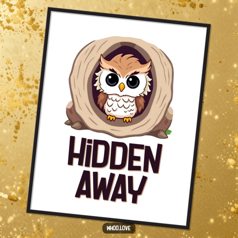 Funny digital art print of a curious owl with ruffled feathers peeking out from inside a hollow log.