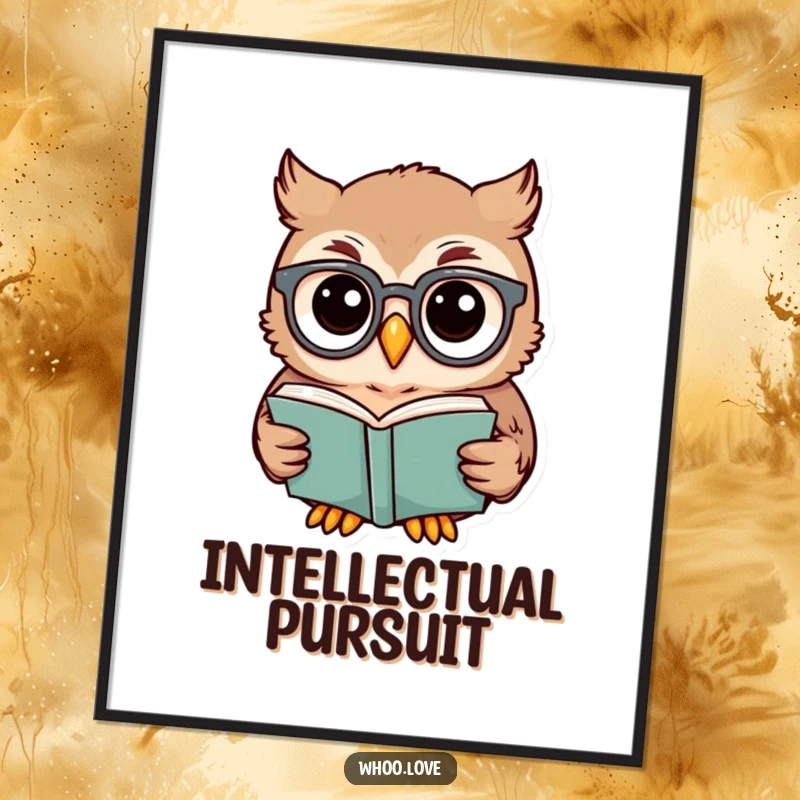 Funny owl digital art print of a wise owl in spectacles intently reading a book, perfect for intellectual decor.