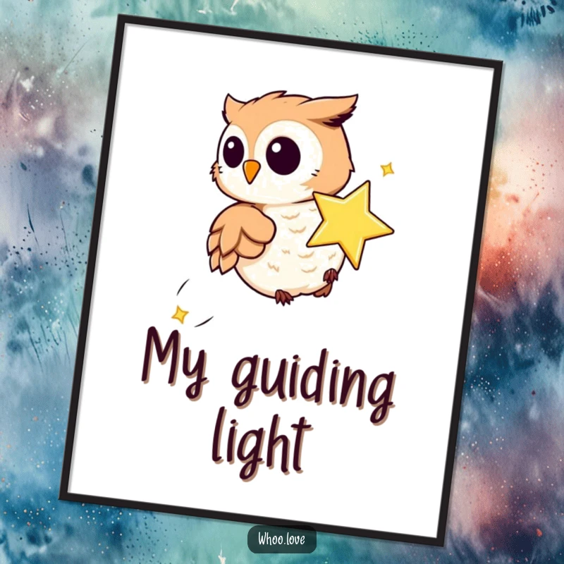 Funny digital art print featuring a playful owl chasing a sparkling star, perfect for printable whimsy and humorous decor.
