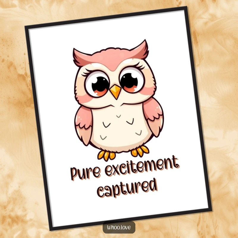 Funny digital art print of a cute owl character hooting with wide, excited eyes, radiating pure joy, a great funny gift.