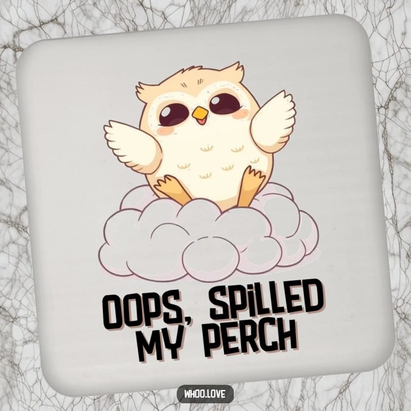 Funny coaster set featuring a chubby owl comically tumbling down fluffy clouds, adding a humorous and protective touch to any drink surface.