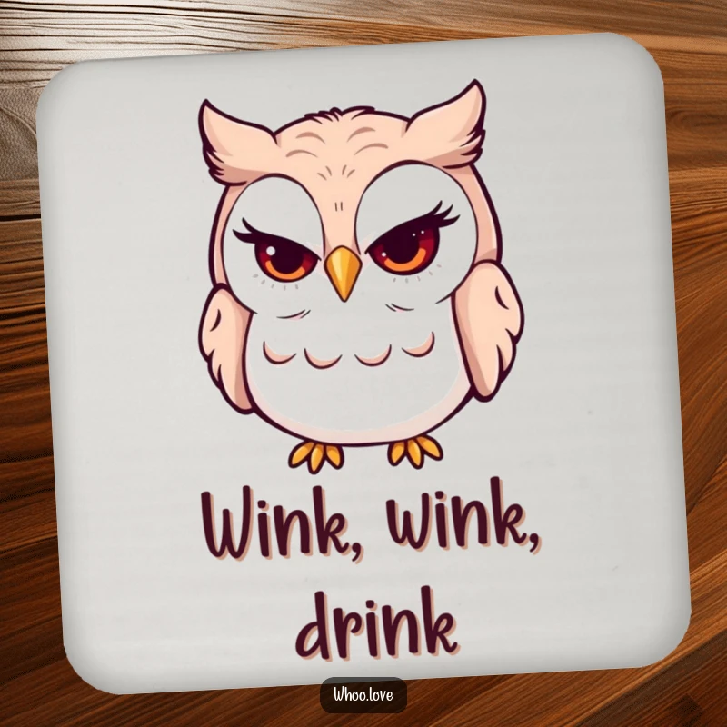 Funny mischievous grin owl coaster with a winking owl. Protects furniture while adding a touch of playful humor.