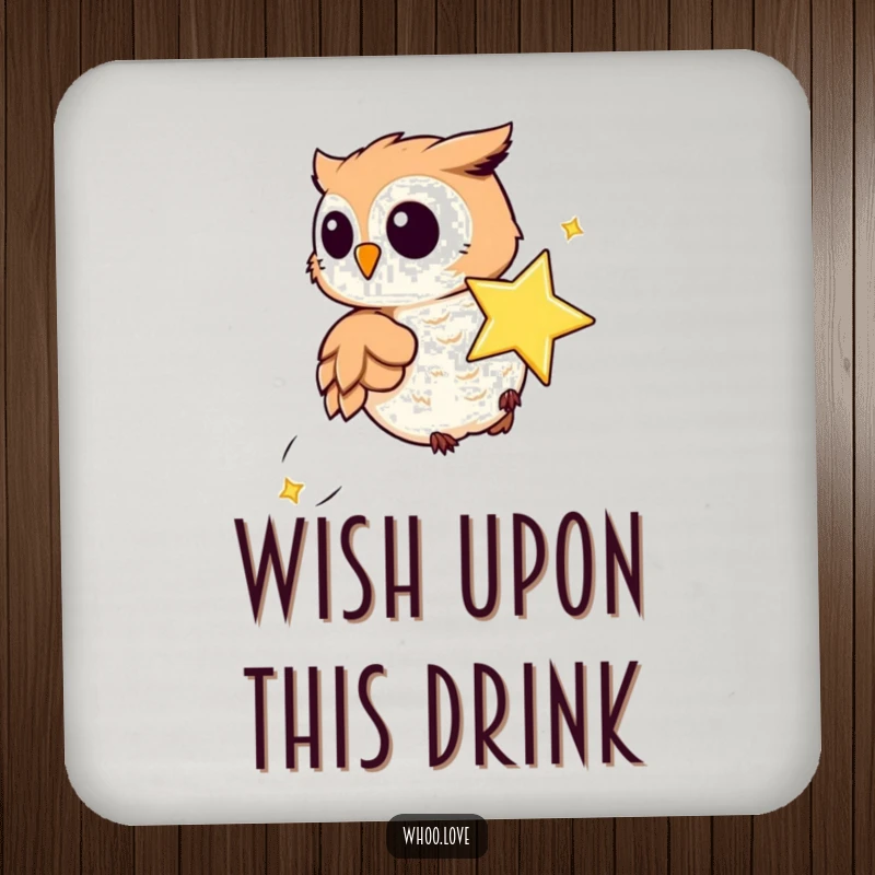 Funny coaster set with a playful owl chasing a sparkling star, adding whimsical protection and a touch of magic to any drink surface.