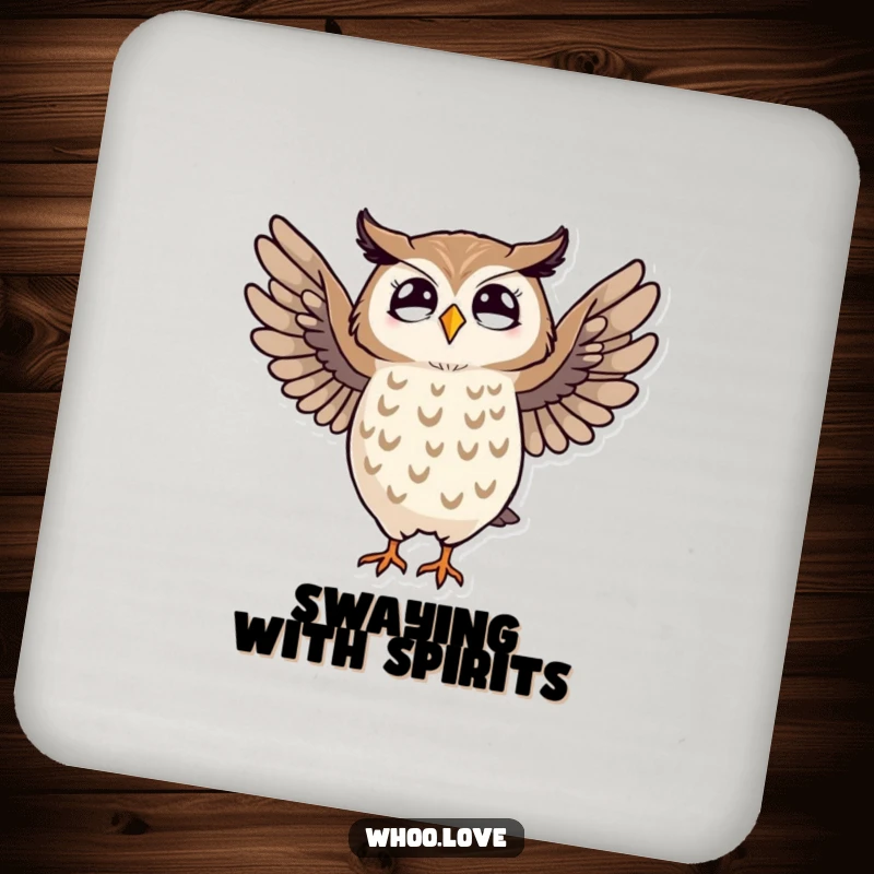 Funny drink coaster with a striped owl doing a lively dance, adding a humorous element to beverage service.