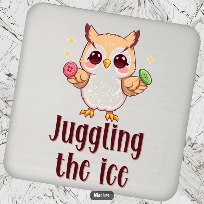 Funny playful owl coaster, skillfully juggling three shiny buttons with its talons, protecting surfaces whimsically.