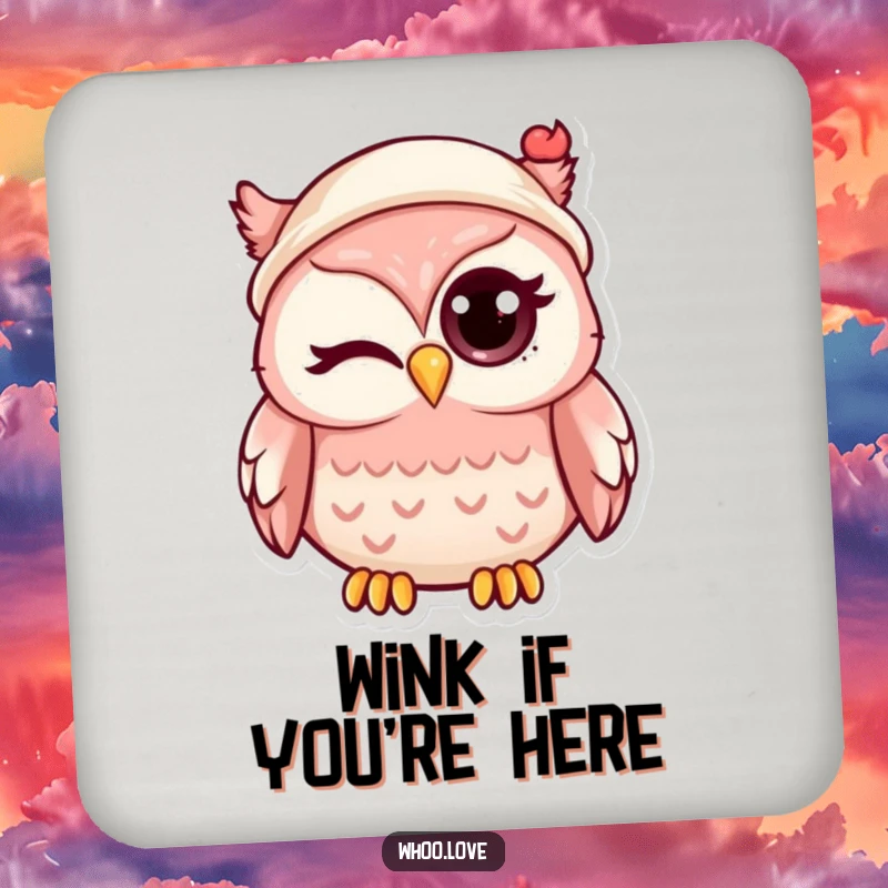 Funny kawaii owl winking with its big eye, wearing a small hat, designed on a protective drink coaster.