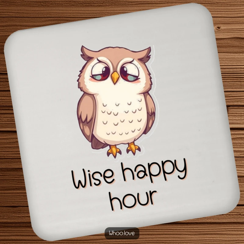 Funny Owl Curiosity Drink Coaster showcasing a wise owl character looking down inquisitively, protecting surfaces with humor.