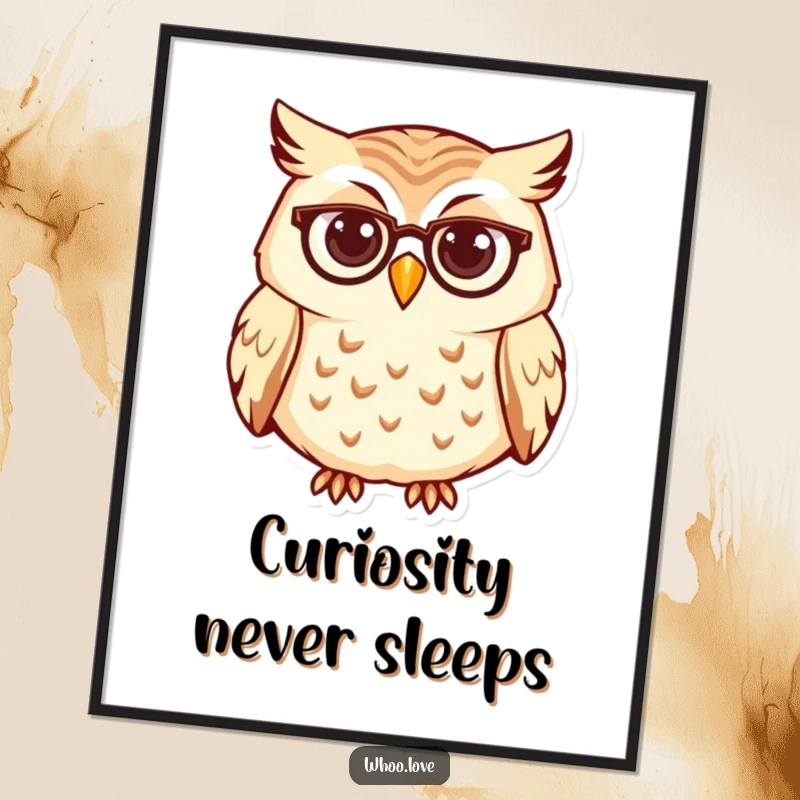 Funny owl poster, a curious character wearing tiny spectacles, intellectual wall art that inspires curiosity and smiles.
