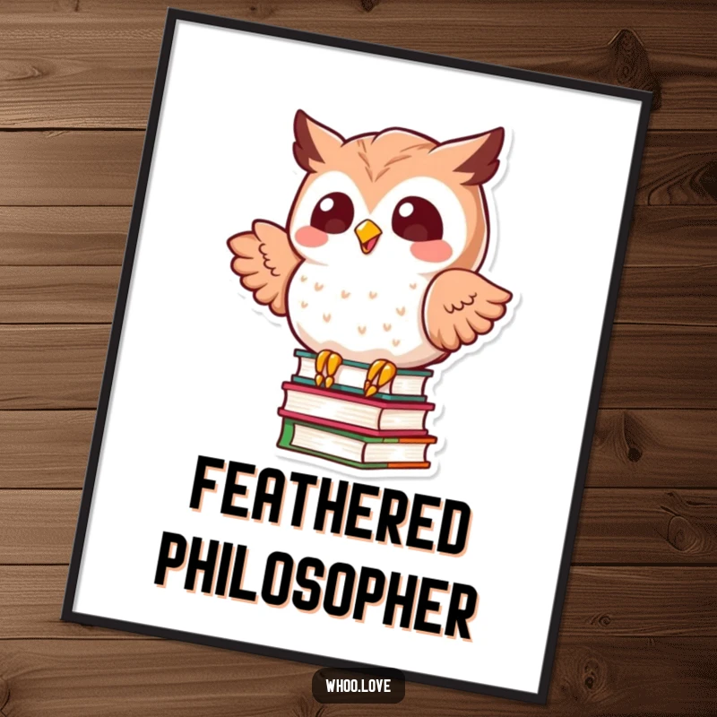Funny kawaii owl in a dynamic, precarious pose balancing a large stack of books, displayed as charming wall art poster.
