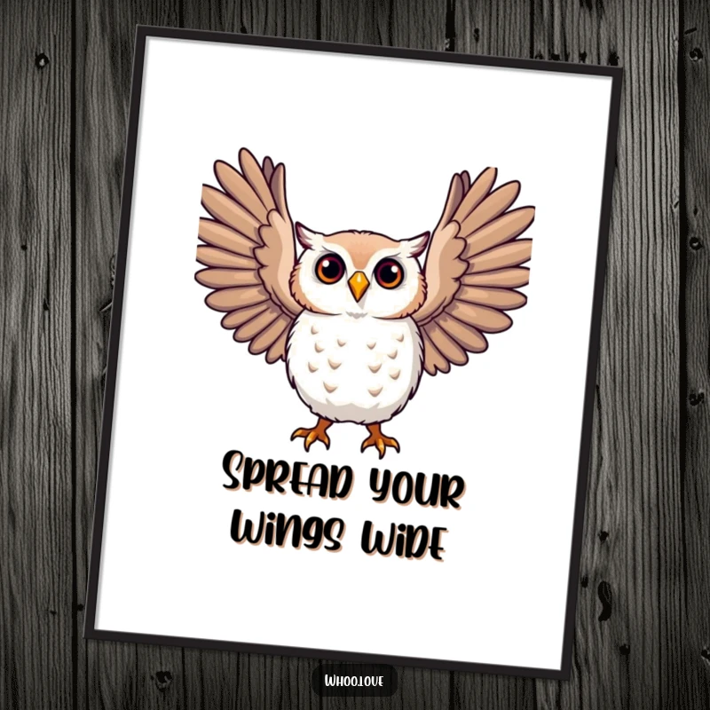 Funny owl poster, a character with large, expressive wings outstretched, conveying a sense of freedom and joy.