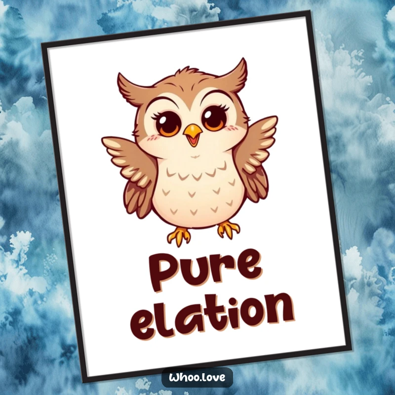 Funny poster of a little owl enthusiastically flapping tiny wings, looking surprised and happy, adding joyful decor.