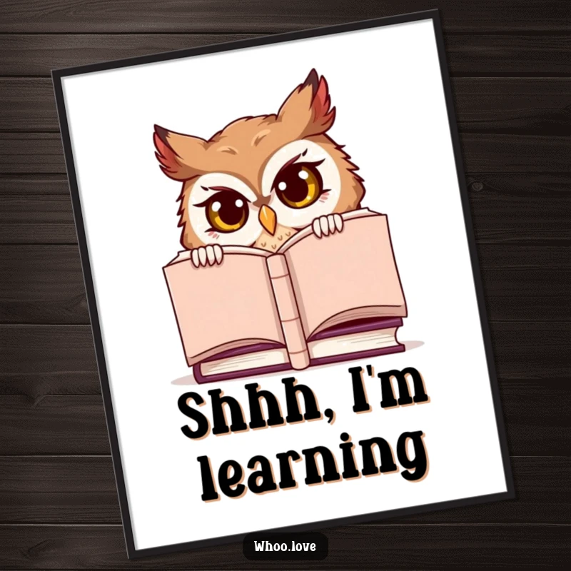 Funny poster, a mischievous owl character with sly eyes peeking from behind a massive book.