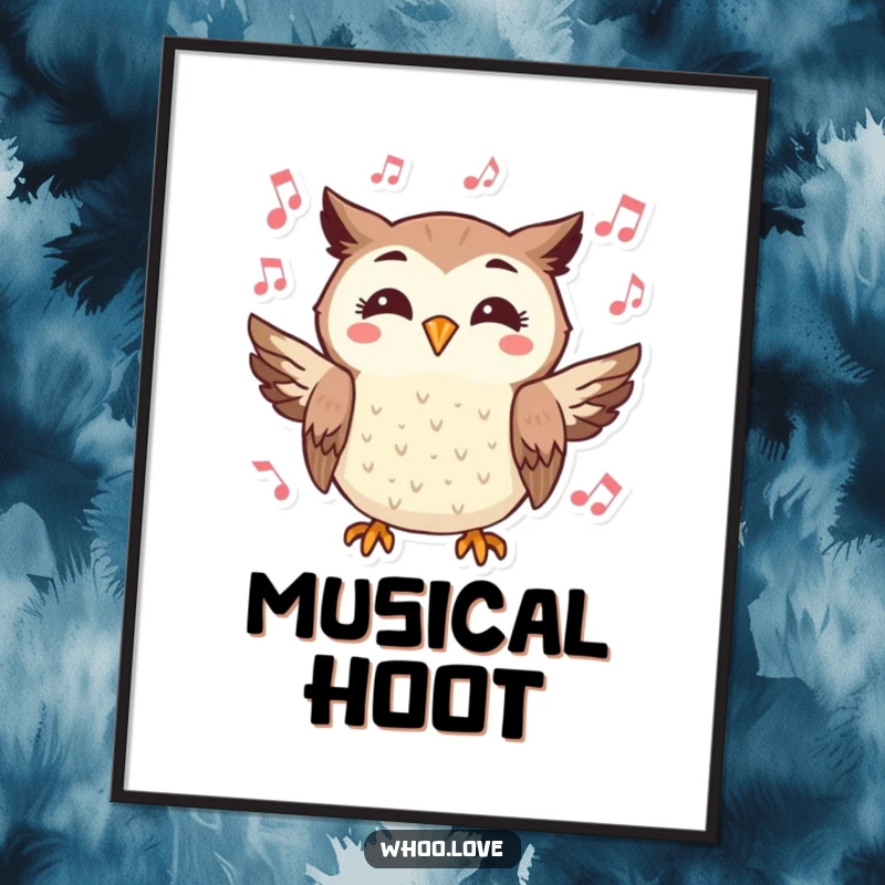 Funny poster art of a cheerful owl character hooting merrily, with musical notes dancing around it.
