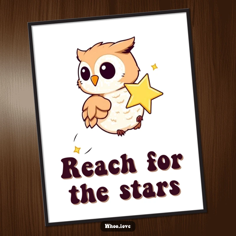 Funny poster art featuring a playful owl chasing a sparkling, whimsical star, creating a magical and humorous visual for any room.
