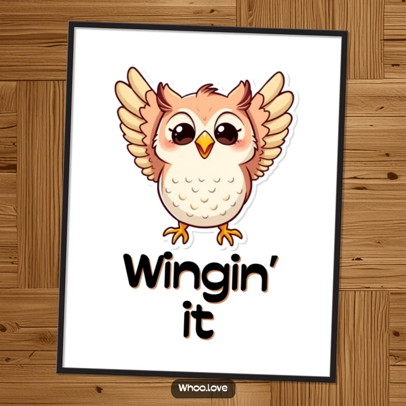 Funny poster art of an owl flapping its wings excitedly with a wide, joyful, beaming grin, embodying pure happiness.