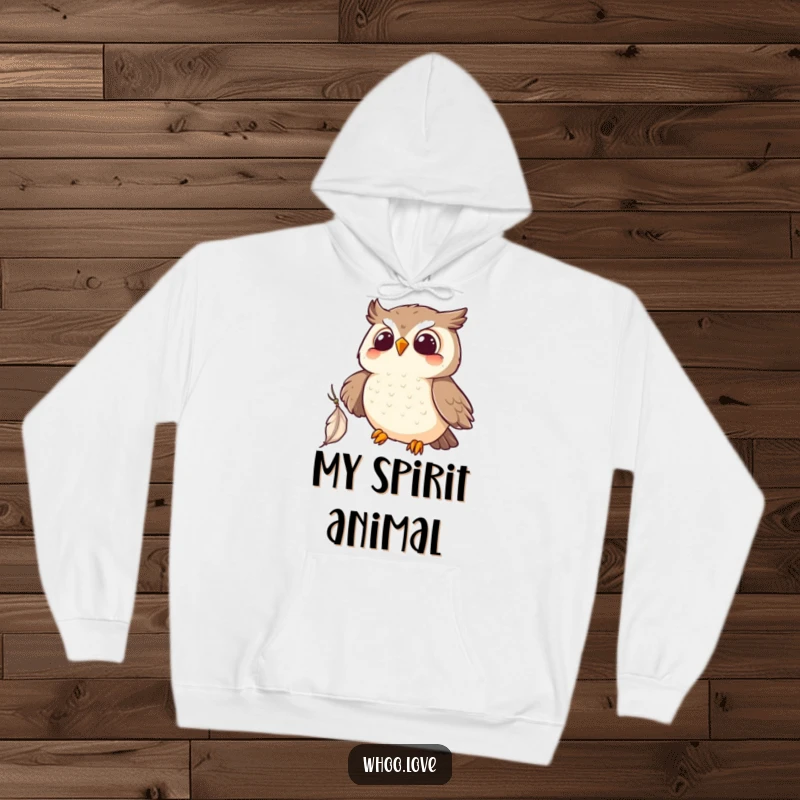 Funny Kawaii owl hoodie, actively catching a single drifting feather with pure delight. Ideal funny gift for all ages.