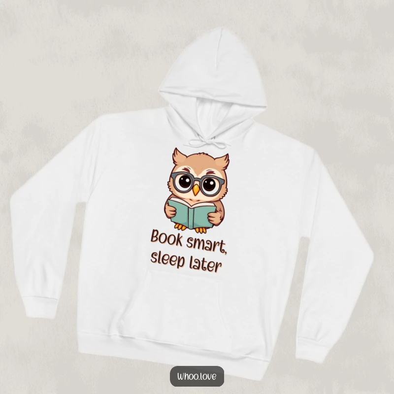Funny owl hoodie featuring a studious owl in spectacles reading a book intently, providing warmth and wit.