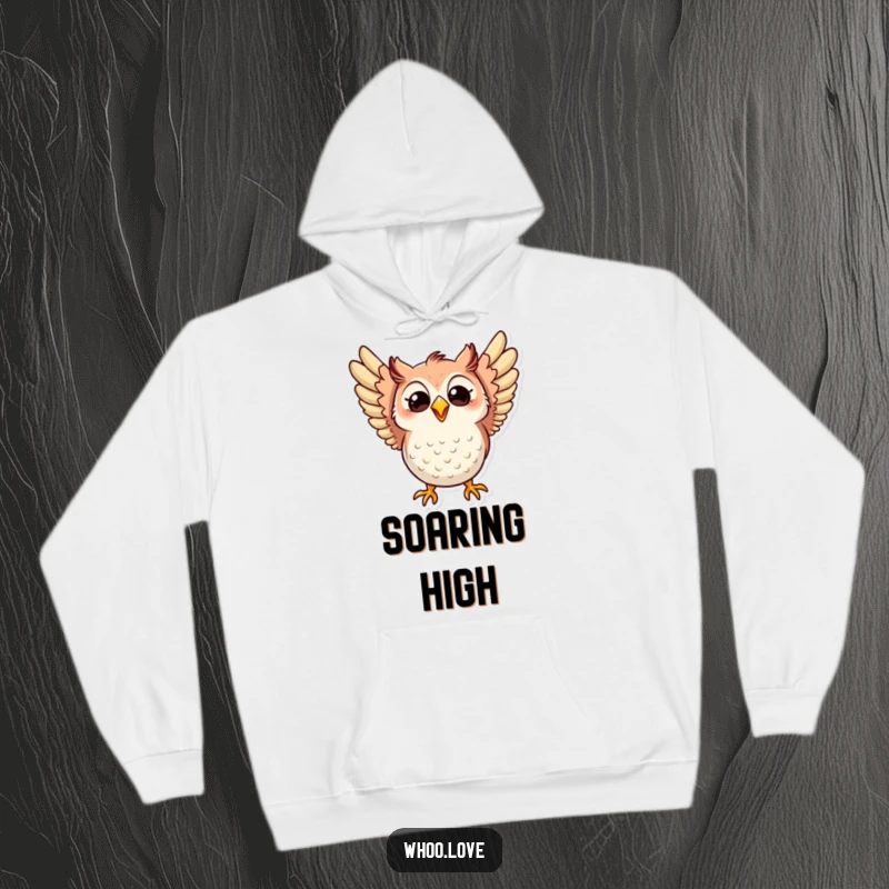 Funny hoodie featuring an owl actively flapping its wings with intense excitement and a broad, beaming, happy smile.