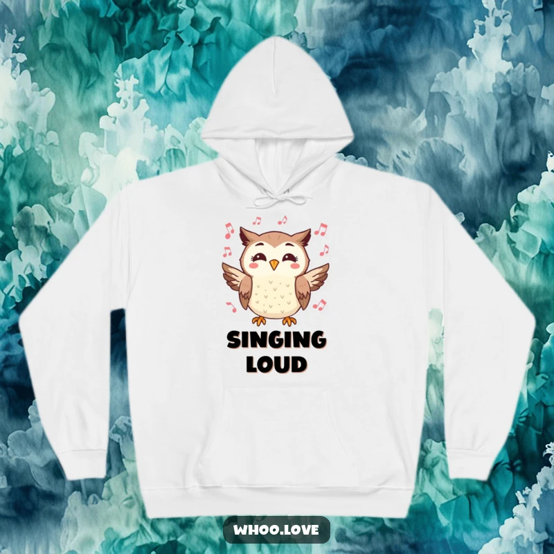 Funny, cozy hoodie featuring a cheerful owl character hooting joyfully amidst a shower of musical notes.