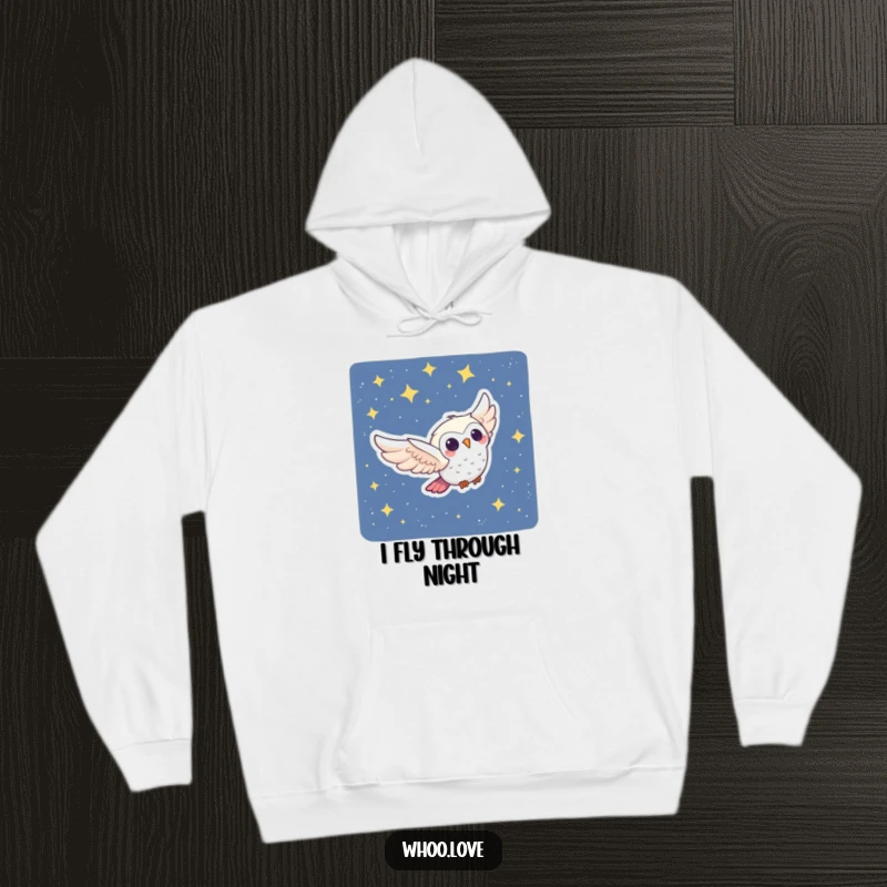 Funny Owl Hoodie: A joyful owl character swooping through a starry night, offering cozy comfort and a touch of nocturnal magic.