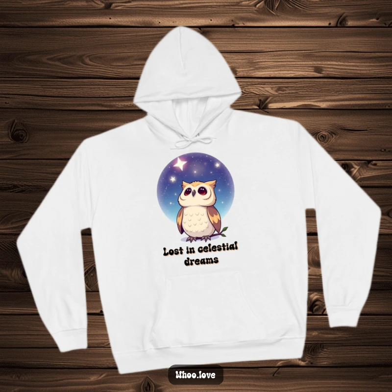 Funny Dreamy Owl Hoodie: A warm and comfortable hoodie showcasing an owl mesmerized by a vast, star-dusted night sky.