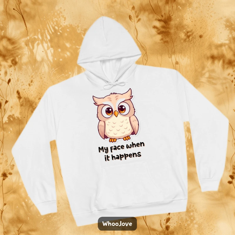 Funny surprised owl hoodie showing an owl with huge, startled eyes. A comfortable and humorous garment for expressing shock.