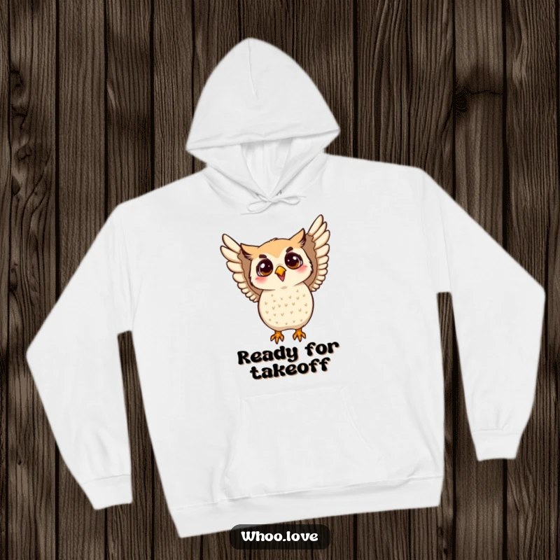 Funny enthusiastic owl hoodie showcasing an owl energetically flapping its wings. Comfortable and joyful apparel for happy individuals.